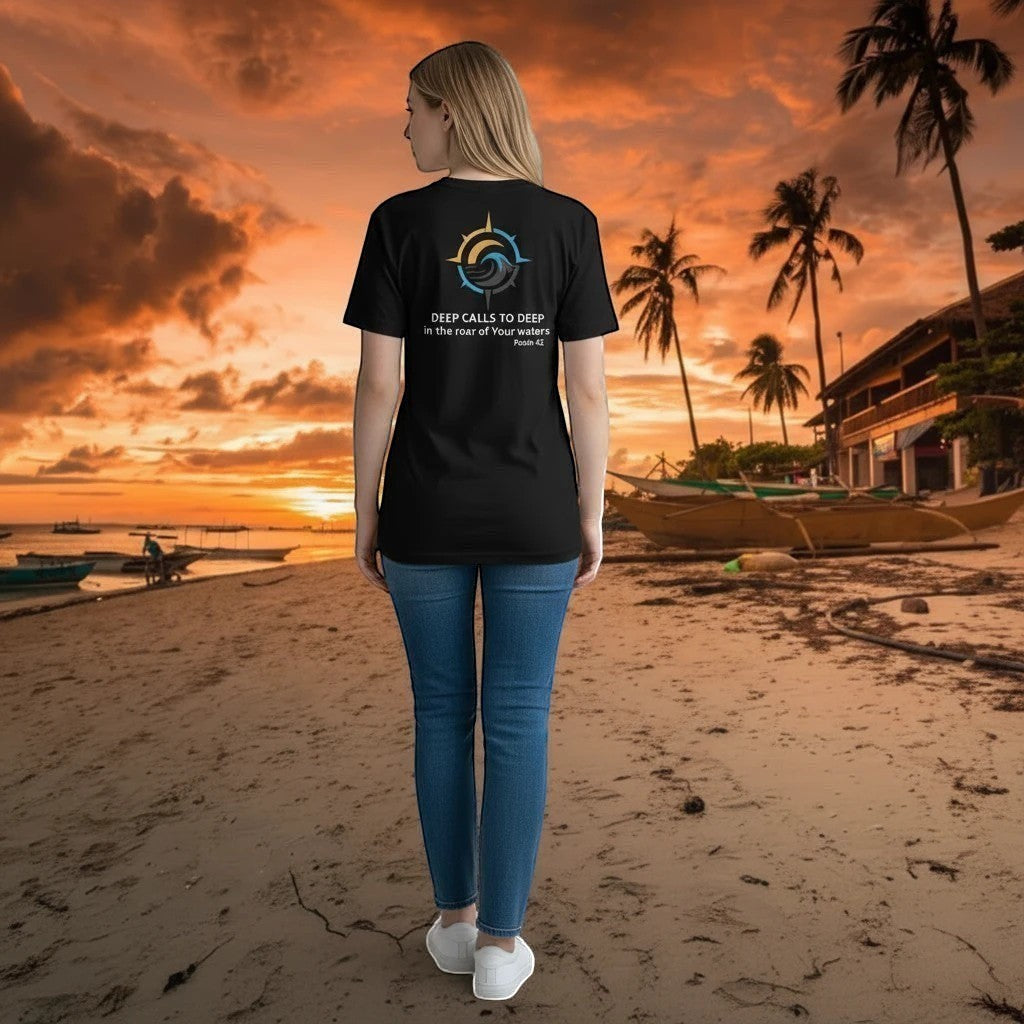 Deepwater Crew Co. black 100% cotton t-shirt with a graphic print on the back featuring a compass and waves.