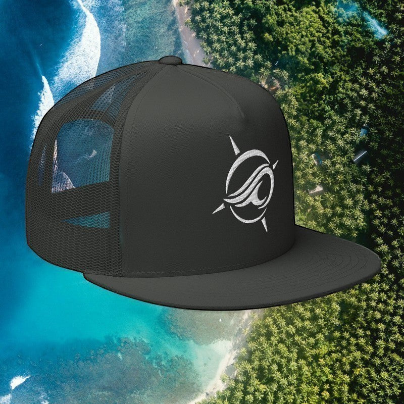 Deepwater Crew Co. black 5-panel flat-bill trucker hat with white embroidered wave-and-compass logo and mesh back.