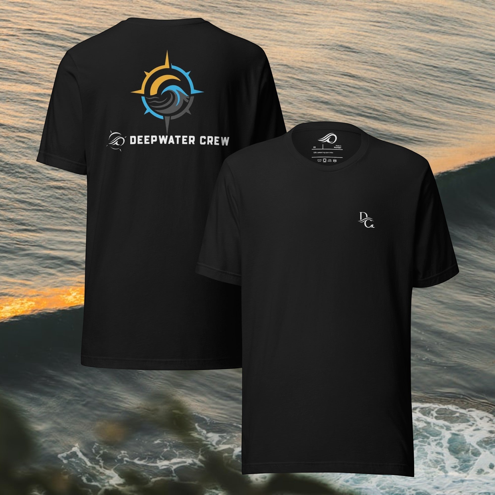 Deepwater Crew Co. black cotton t-shirt with small front logo and large back compass ocean graphic