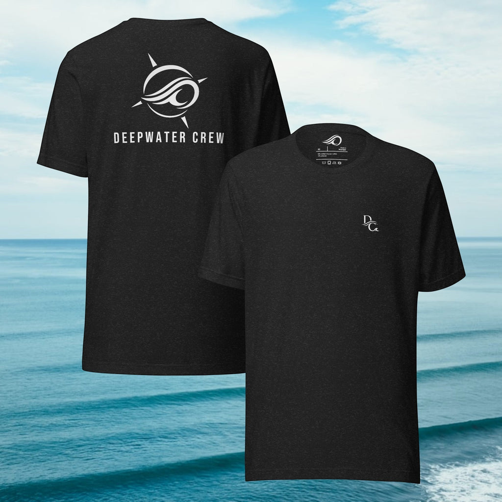 Deepwater Crew Co. black cotton crew neck t-shirt with front logo and large back graphic against an ocean background.