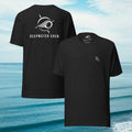 Deepwater Crew Co. black cotton crew neck t-shirt with front logo and large back graphic against an ocean background.