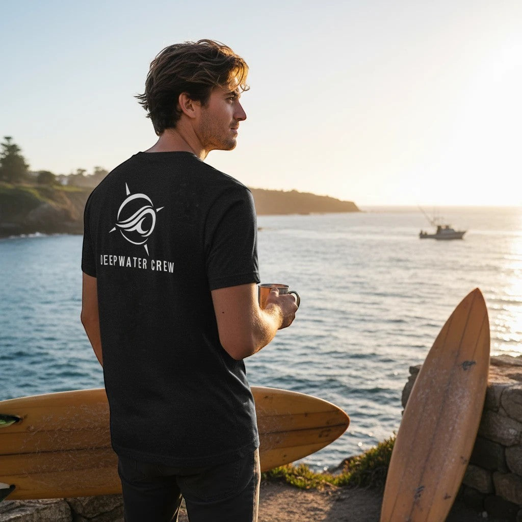 Man wearing a black Deepwater Crew Co. cotton t-shirt with a white logo on the back, standing by the ocean at sunset.