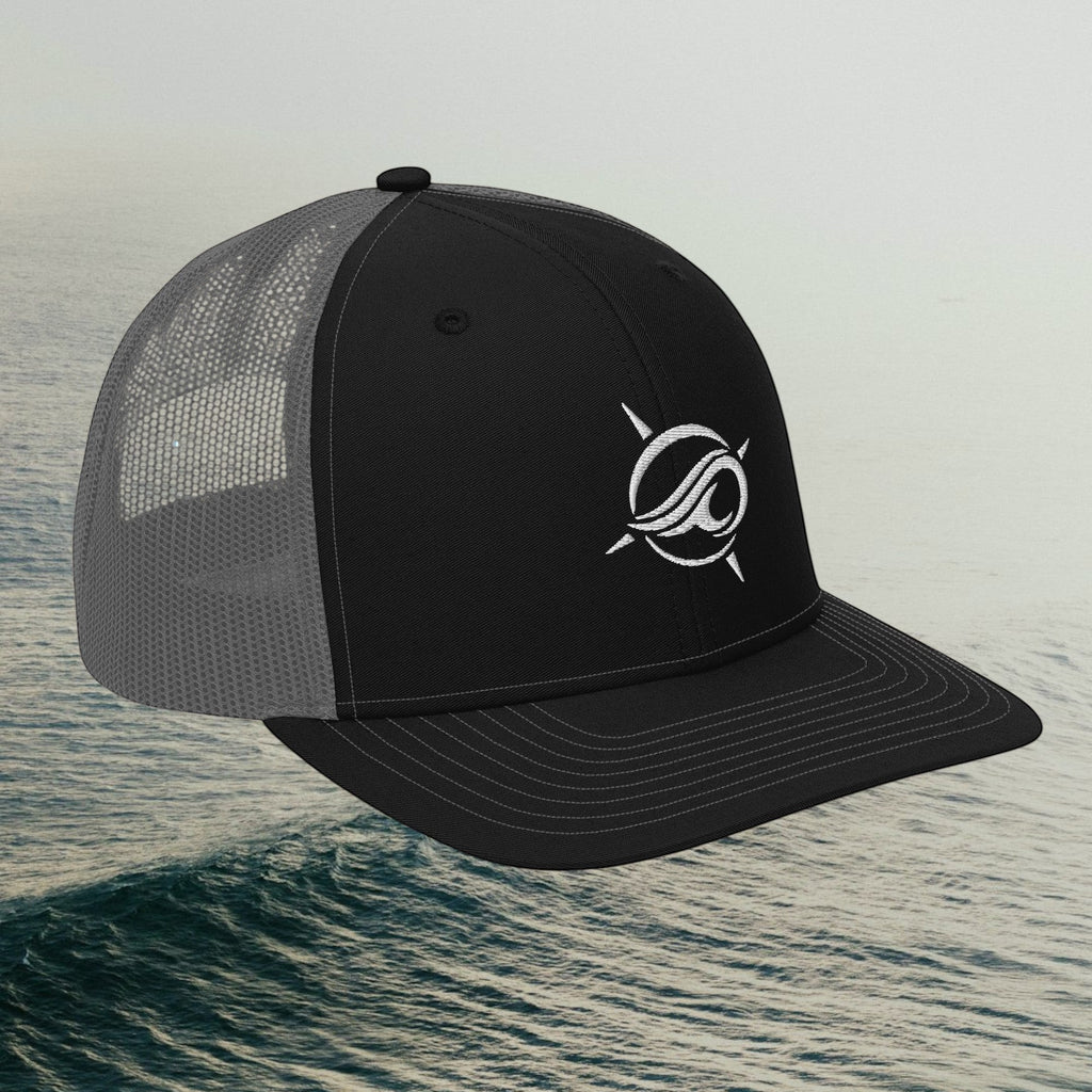 Deepwater Crew Co. black and grey snapback trucker cap with white embroidered wave logo on the front panel.