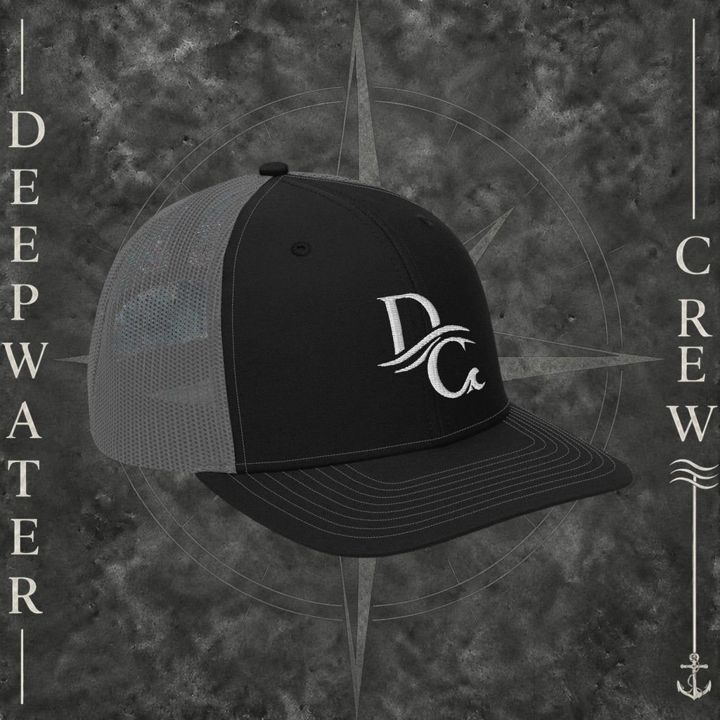 Deepwater Crew Co. black and grey snapback trucker cap with white embroidered wave logo on front panels