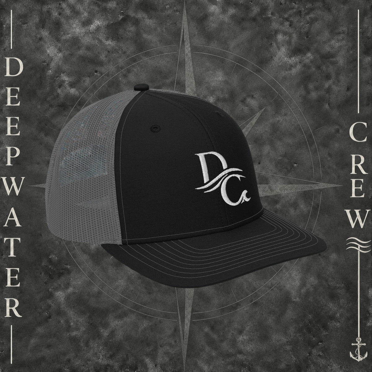 Deepwater Crew Co. black and grey snapback trucker cap with white embroidered wave logo on front panels