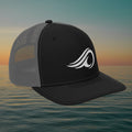 Deepwater Crew Co. black and grey trucker cap with white embroidered wave logo on the front structured panel.
