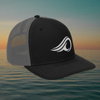 Deepwater Crew Co. black and grey trucker cap with white embroidered wave logo on the front structured panel.