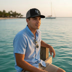 Deepwater Crew Co. black and grey mesh trucker cap with DC logo worn by a man on a wooden pier by the ocean.