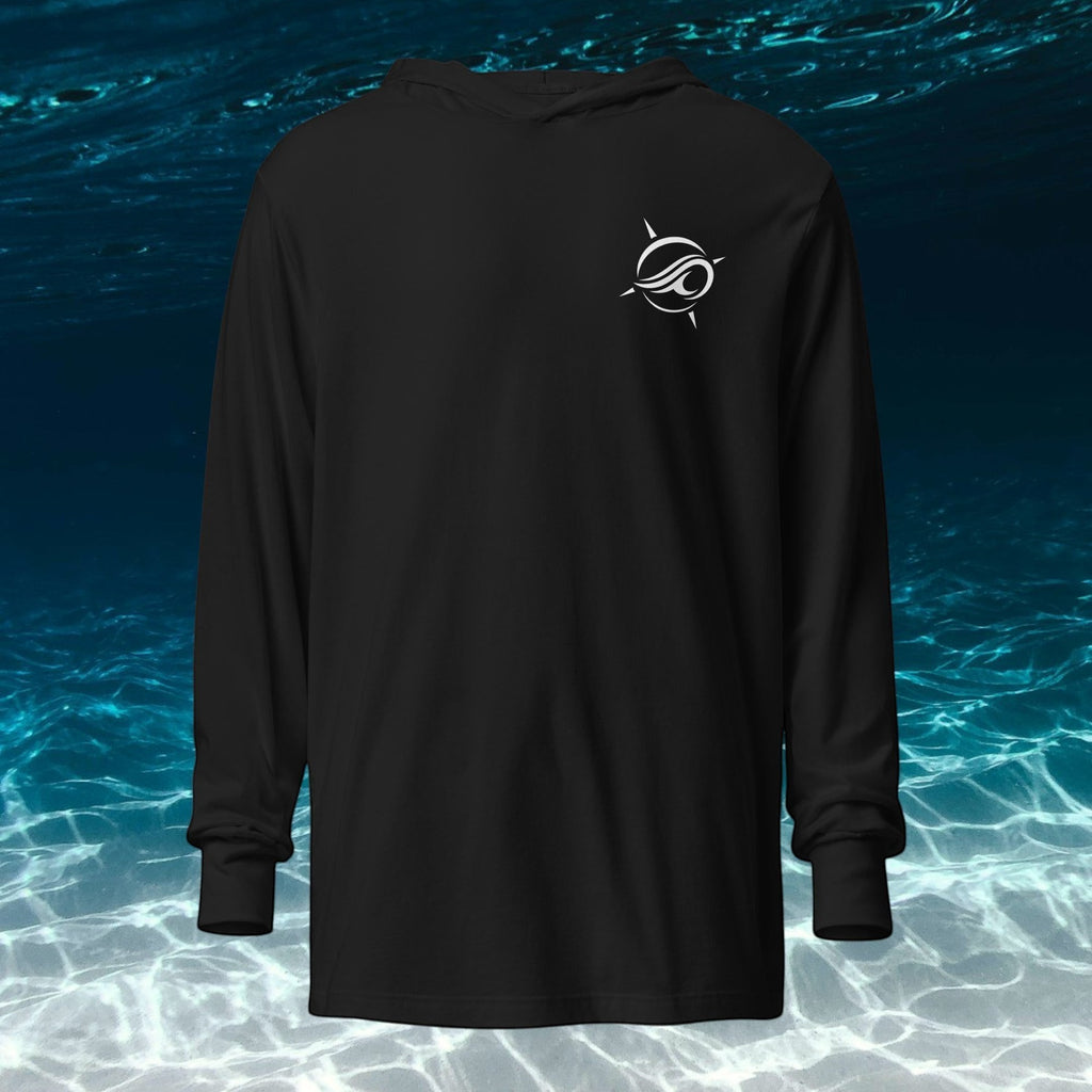Deepwater Crew Co. black long-sleeve hooded tee with white logo on chest. Made from 100% cotton.