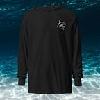 Deepwater Crew Co. black long-sleeve hooded tee with white logo on chest. Made from 100% cotton.