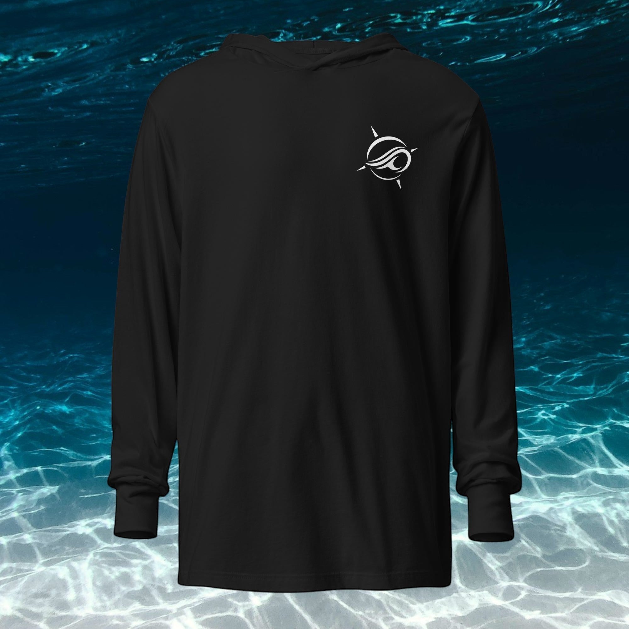 Deepwater Crew Co. black long-sleeve hooded tee with white logo on chest. Made from 100% cotton.