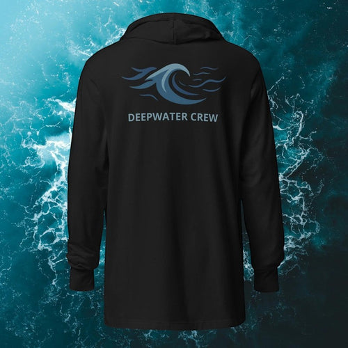 Deepwater Crew Co. black long sleeve hooded tee with crossover V-neck and wave logo on back.