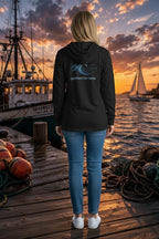 Deepwater Crew Co. black hooded long-sleeve tee with crossover V neckline and wave logo on back.