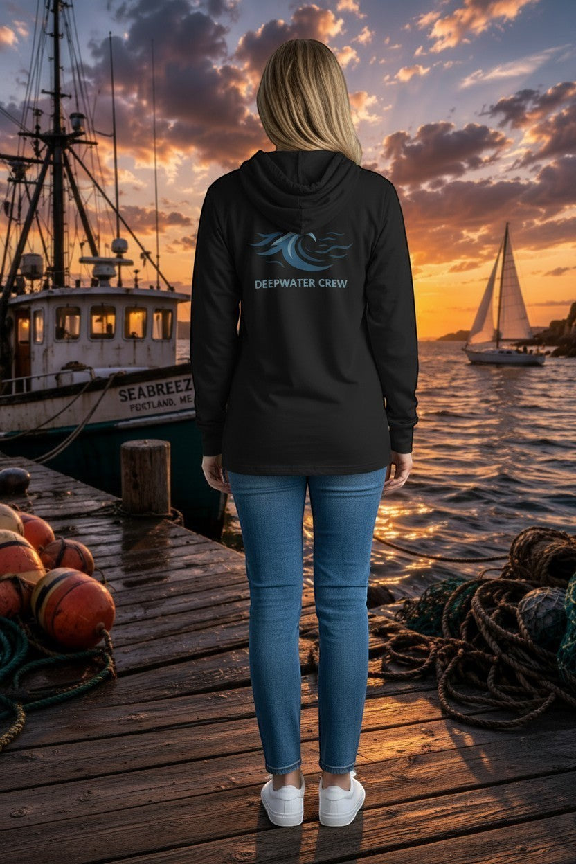 Deepwater Crew Co. black hooded long-sleeve tee with crossover V neckline and wave logo on back.