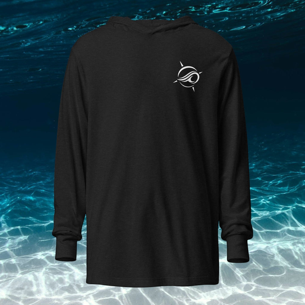 Deepwater Crew Co. black long-sleeve hooded tee with white logo on chest. 100% cotton for comfort.