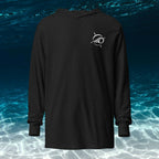 Deepwater Crew Co. black long-sleeve hooded tee with white logo on chest. 100% cotton for comfort.