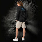 Deepwater Crew Co. black hooded long-sleeve tee with crossover V neckline and blue wave logo on back.