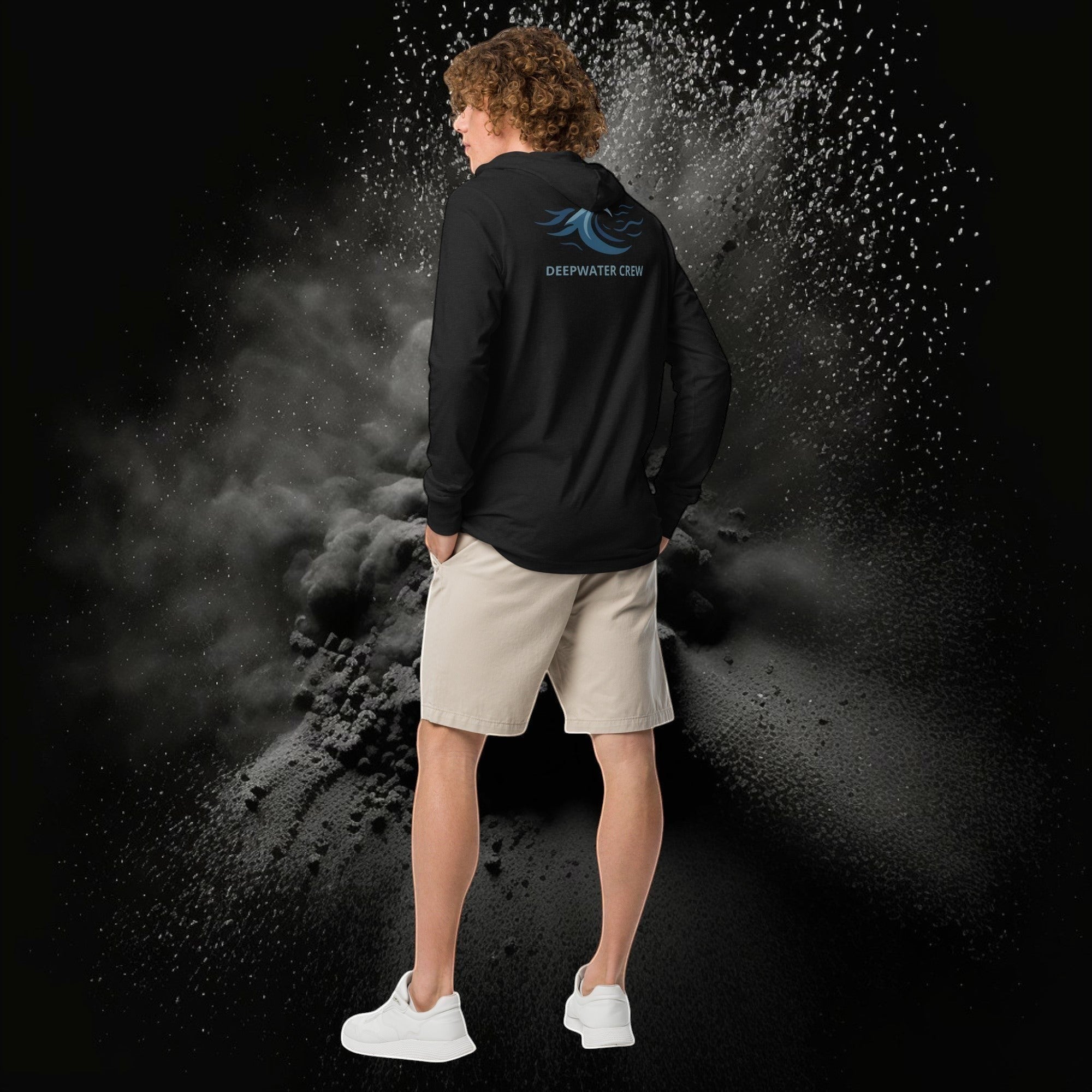 Deepwater Crew Co. black hooded long-sleeve tee with crossover V neckline and blue wave logo on back.