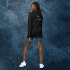 Deepwater Crew Co. black hooded long-sleeve tee with blue wave logo on back. 100% cotton.