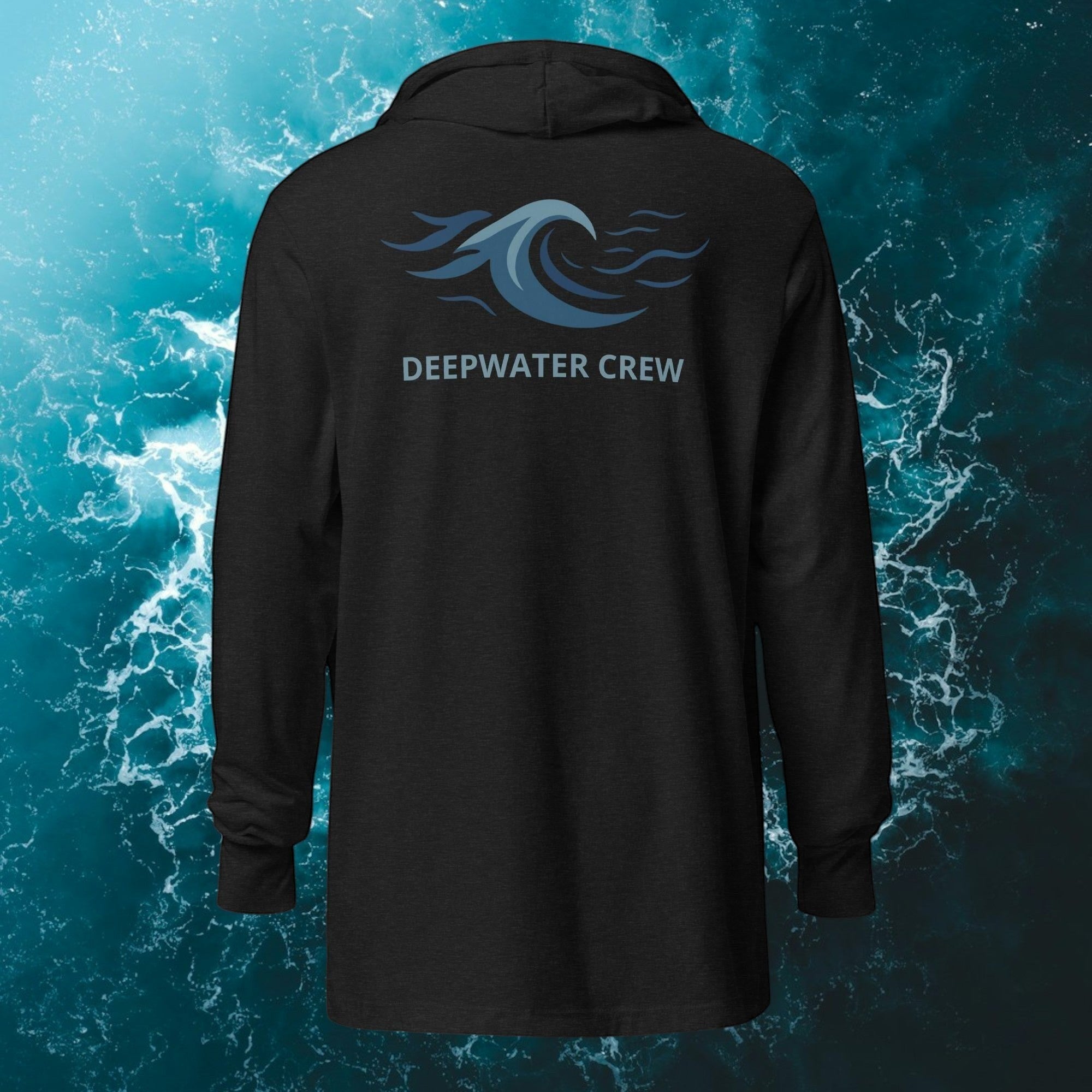 Deepwater Crew Co. black hooded long-sleeve tee with a blue wave logo and text on the back.