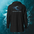 Deepwater Crew Co. black long sleeve hooded tee with crossover V-neck and wave logo on back.