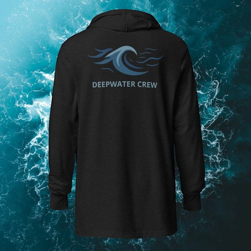 Deepwater Crew Co. black long sleeve hooded tee with crossover V-neck and wave logo on back.