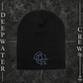 Black Deepwater Crew Co. knit beanie with front compass logo, Yupoong 1500 acrylic cap