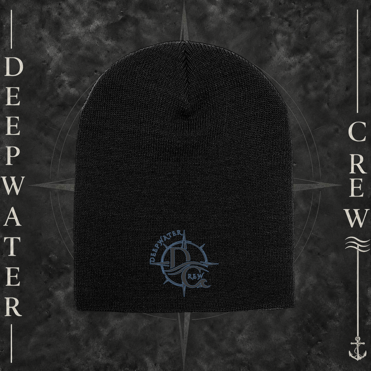 Black Deepwater Crew Co. knit beanie with front compass logo, Yupoong 1500 acrylic cap