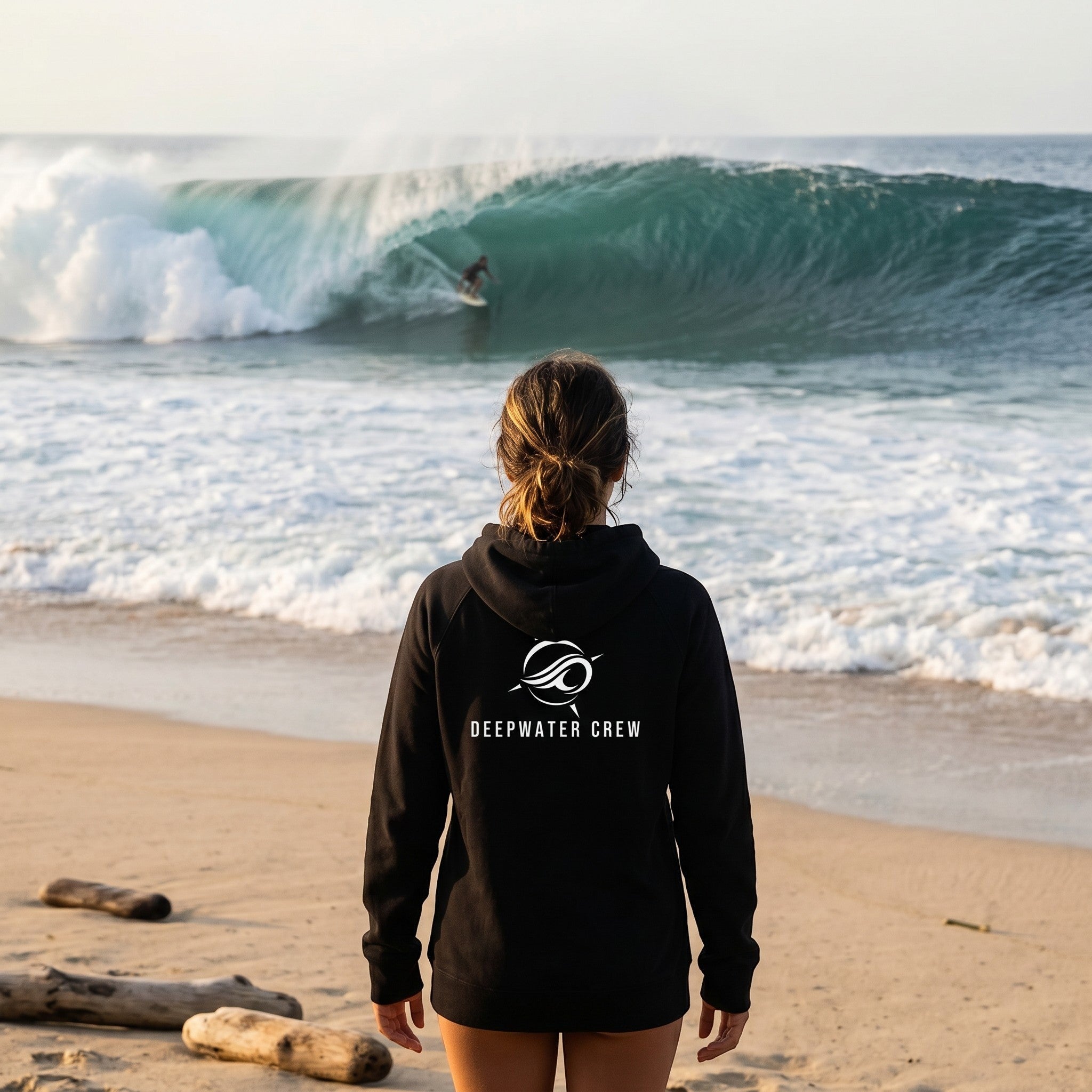 A person wearing a black Deepwater Crew Co. performance hoodie with a white logo, standing on a beach facing waves.