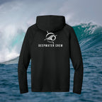 Deepwater Crew Co. black performance long-sleeve hooded t-shirt with white logo on back against a crashing wave background