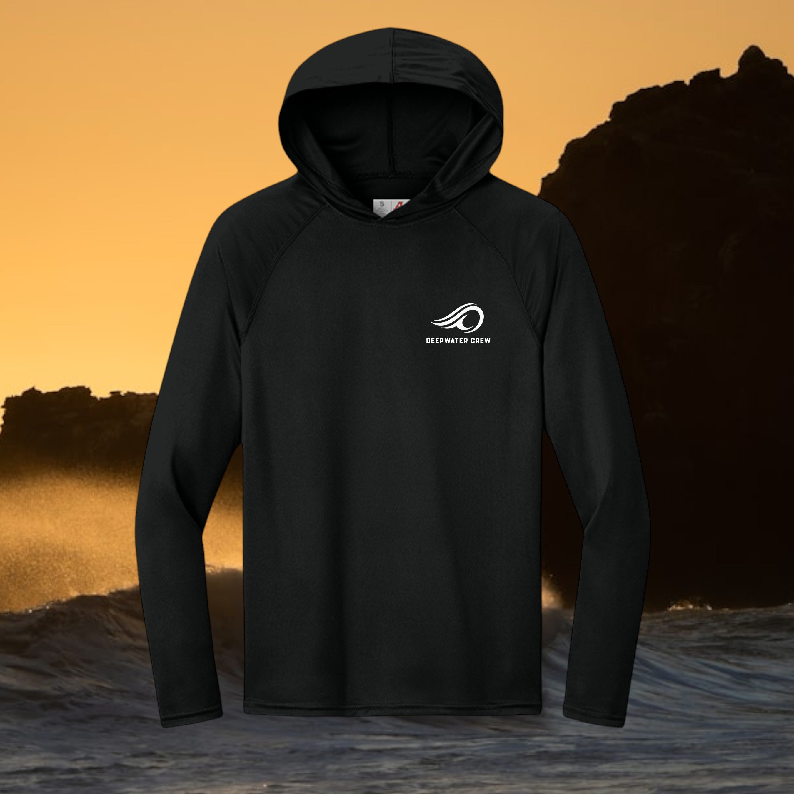 Deepwater Crew Co. black long-sleeve performance hoodie with moisture-wicking fabric and white logo on the chest.