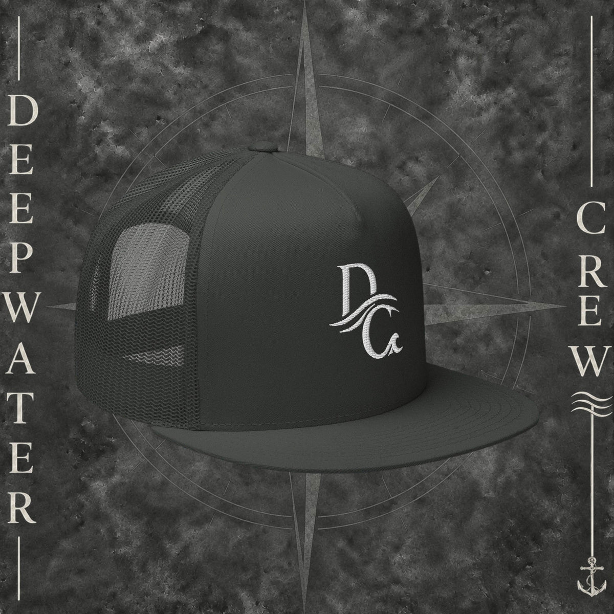 Deepwater Crew Co. black five-panel trucker cap with a flat bill and white embroidered logo on the front.