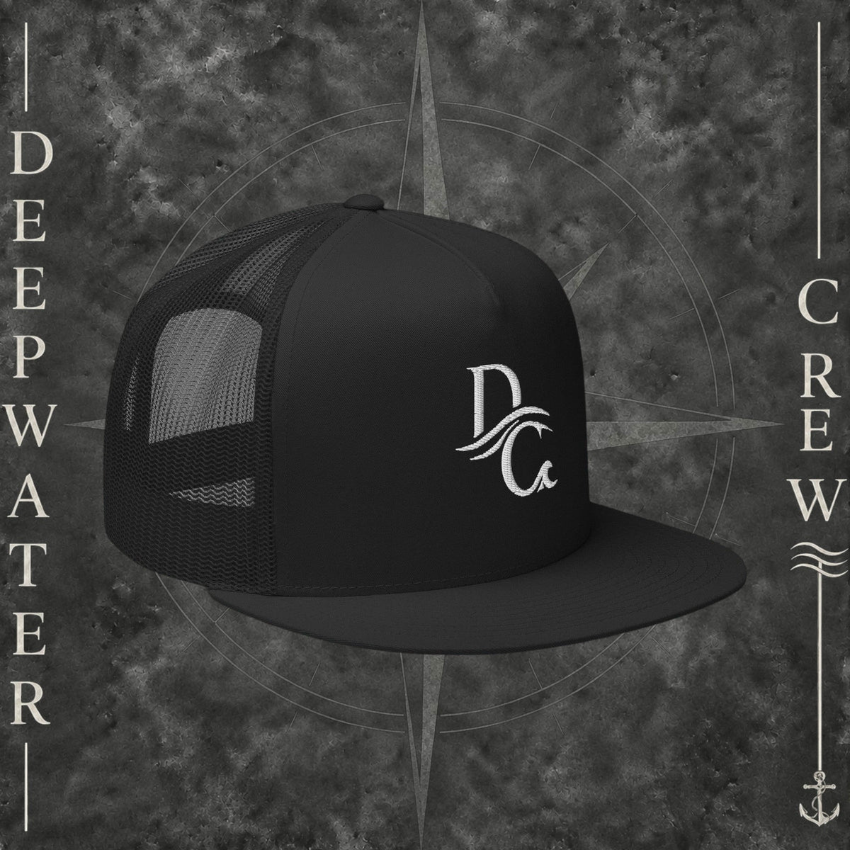 Deepwater Crew Co. black five-panel trucker cap with a flat bill and white embroidered logo on the front.