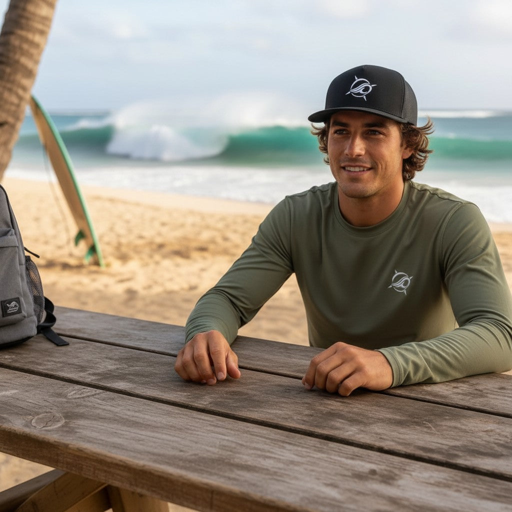 Deepwater Crew Co. black trucker cap with flat bill and embroidered wave compass logo. Mesh back for breathability.