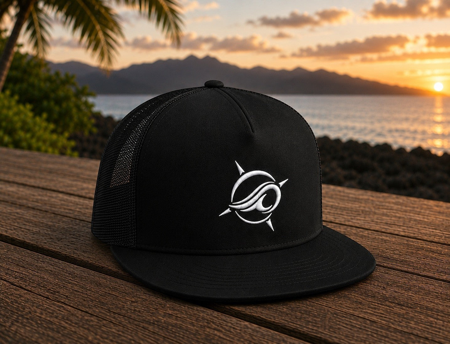 Deepwater Crew Co. black trucker cap with flat bill and embroidered wave compass logo. Mesh back for breathability.