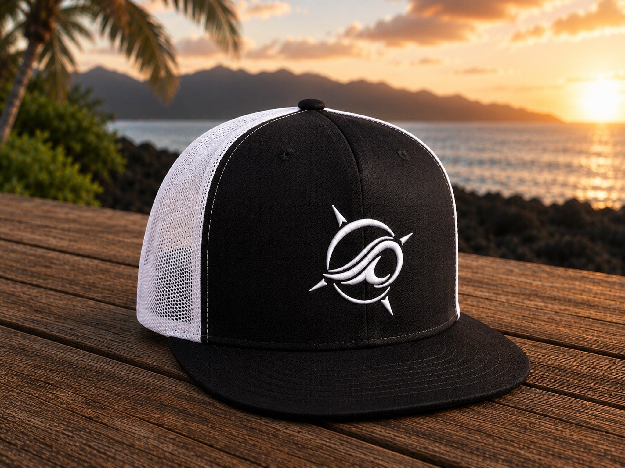 Deepwater Crew Co. black trucker cap with white mesh back and embroidered wave compass logo. Flat bill design.