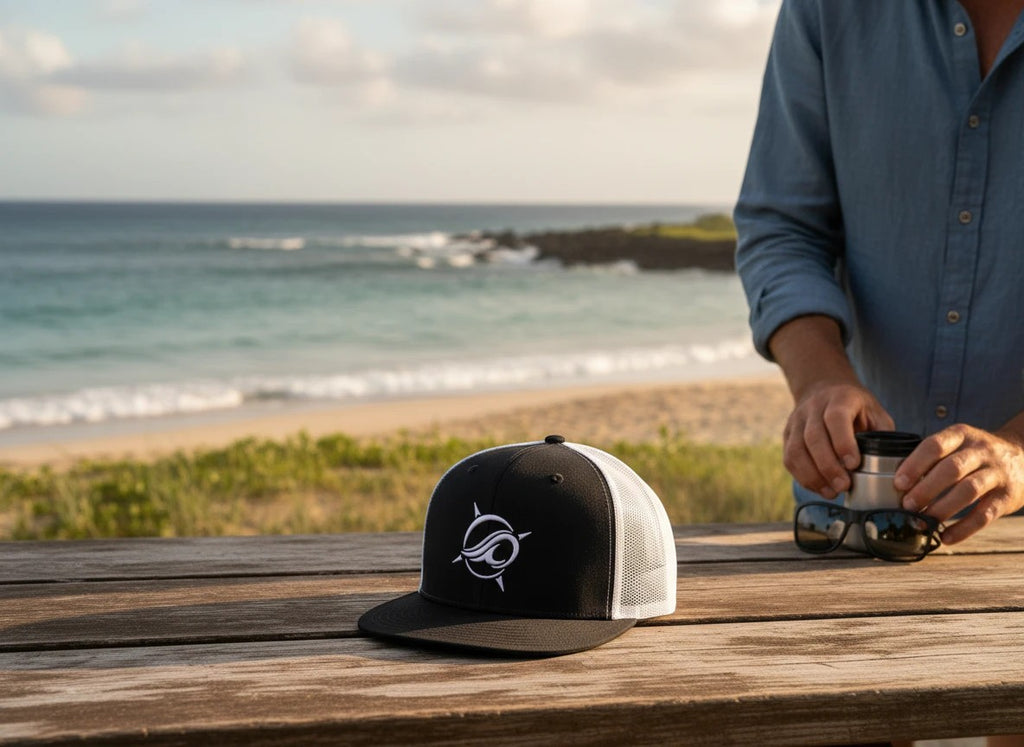 Deepwater Crew Co. black trucker cap with white mesh back and embroidered wave compass logo. Flat bill design.
