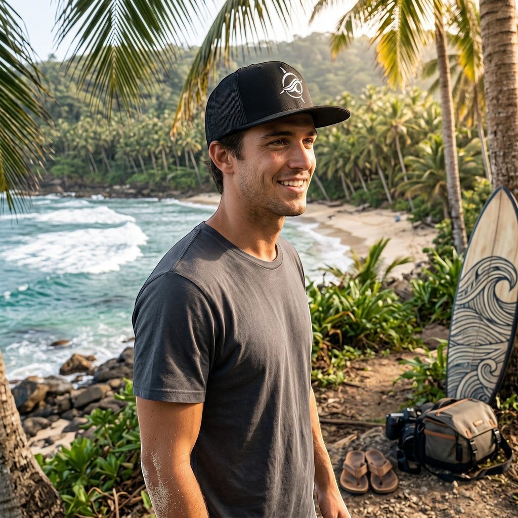 Deepwater Crew Co. black trucker cap with embroidered logo worn by a man on a tropical beach with a surfboard