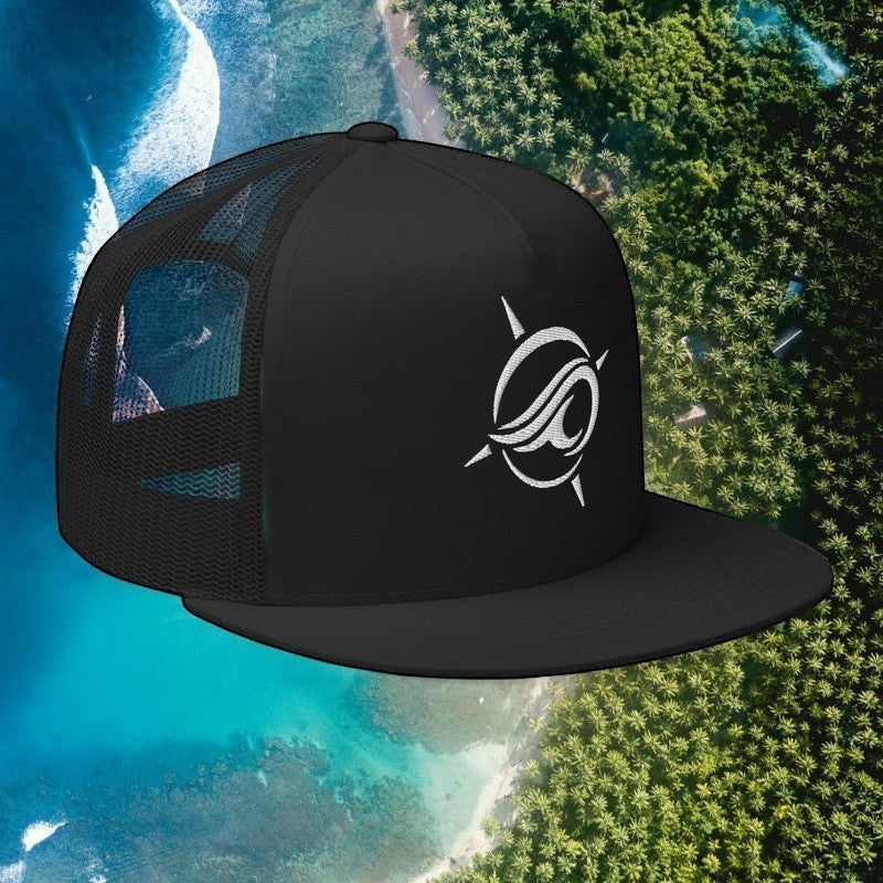 Deepwater Crew Co. black five-panel trucker cap with a white embroidered wave and compass logo and flat bill.