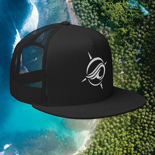Deepwater Crew Co. black five-panel trucker cap with a white embroidered wave and compass logo and flat bill.