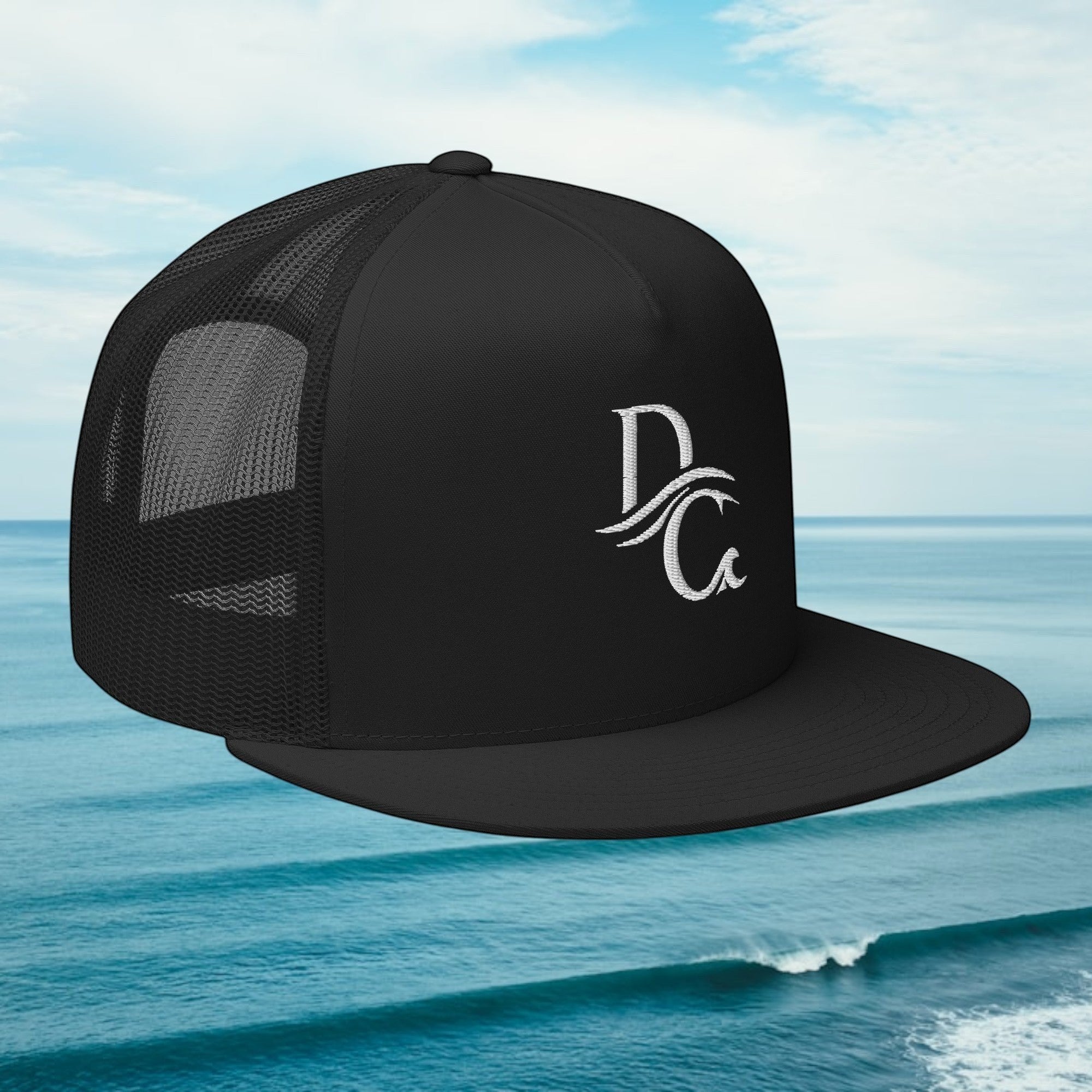 Deepwater Crew Co. black five-panel trucker cap with a flat bill and white embroidered logo on the front.