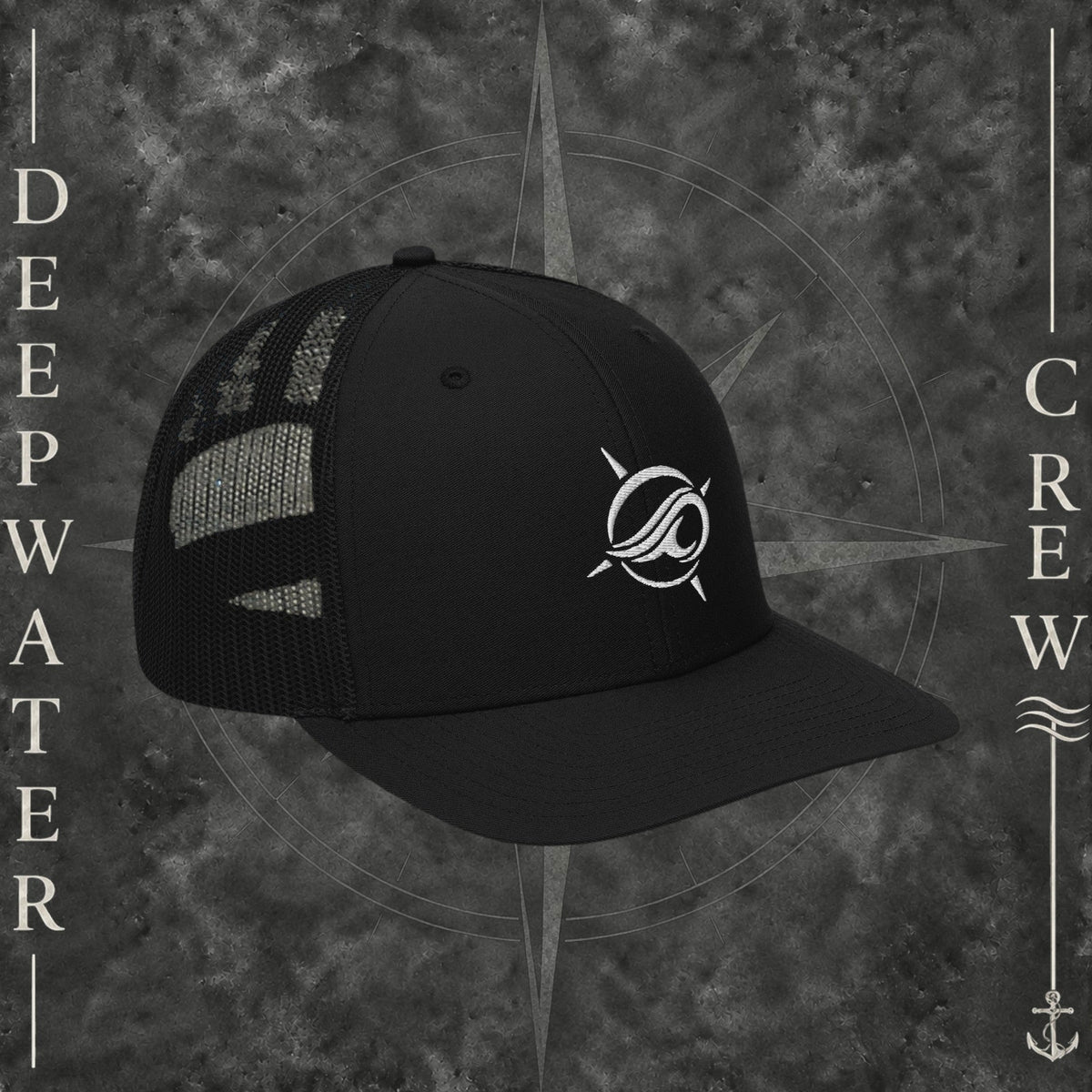 Deepwater Crew Co. black trucker cap with white embroidered wave logo, mesh back, and adjustable snapback closure.