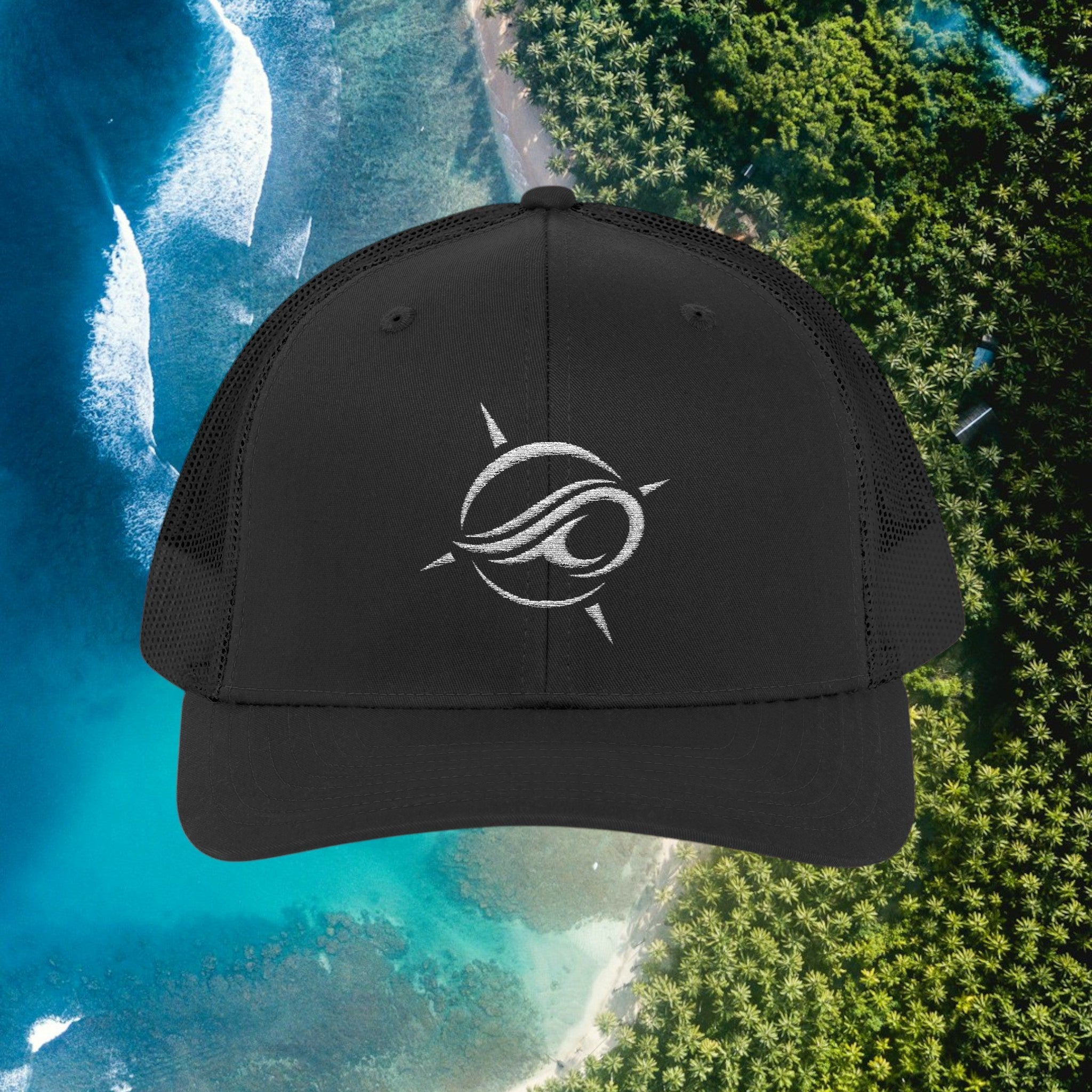 Deepwater Crew Co. black trucker hat with embroidered white wave logo, mesh back, and adjustable snapback closure.