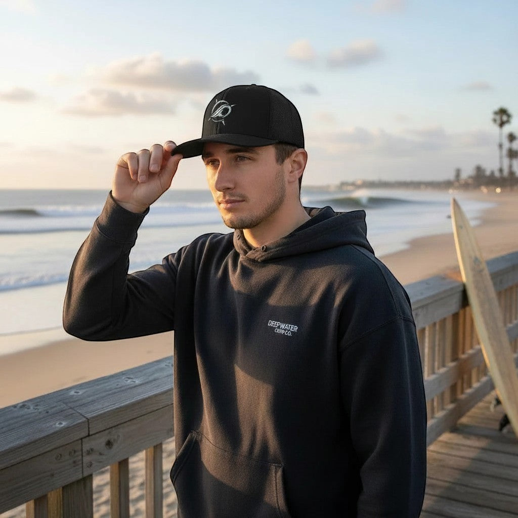 Deepwater Crew Co. black trucker hat with white wave logo, structured mid-profile, mesh back, and pre-curved visor.