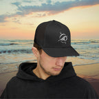 Deepwater Crew Co. black trucker hat with white wave logo, mesh back, and adjustable snapback closure.