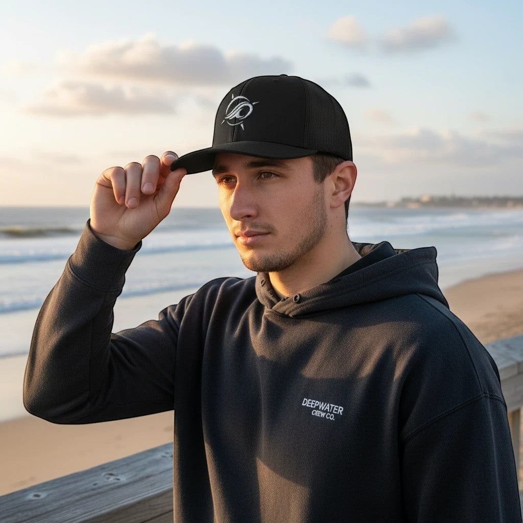 Deepwater Crew Co. black trucker hat with white embroidered wave logo, mesh back, and curved visor. Model on beach.
