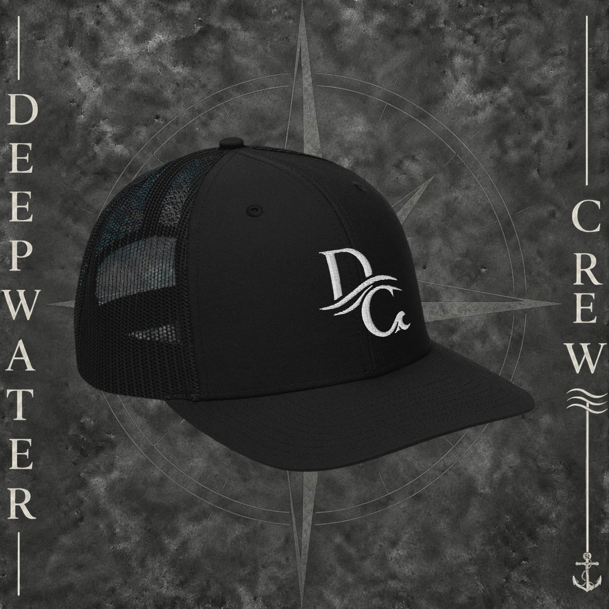 Deepwater Crew Co. black trucker hat with white embroidered wave logo, mesh back, and adjustable snapback closure.