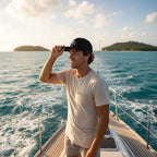 Deepwater Crew Co. black trucker snapback hat with embroidered logo worn by a man on a boat at sunset