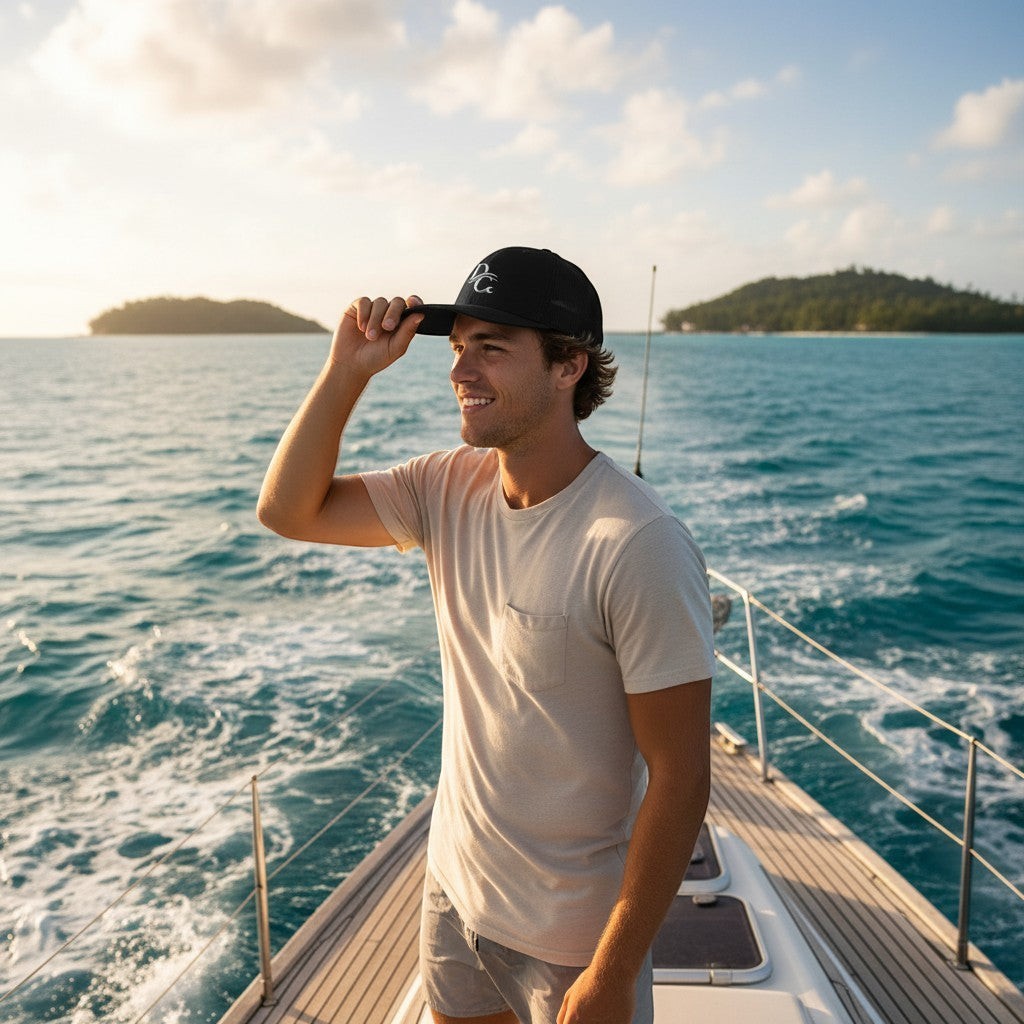 Deepwater Crew Co. black trucker snapback hat with embroidered logo worn by a man on a boat at sunset