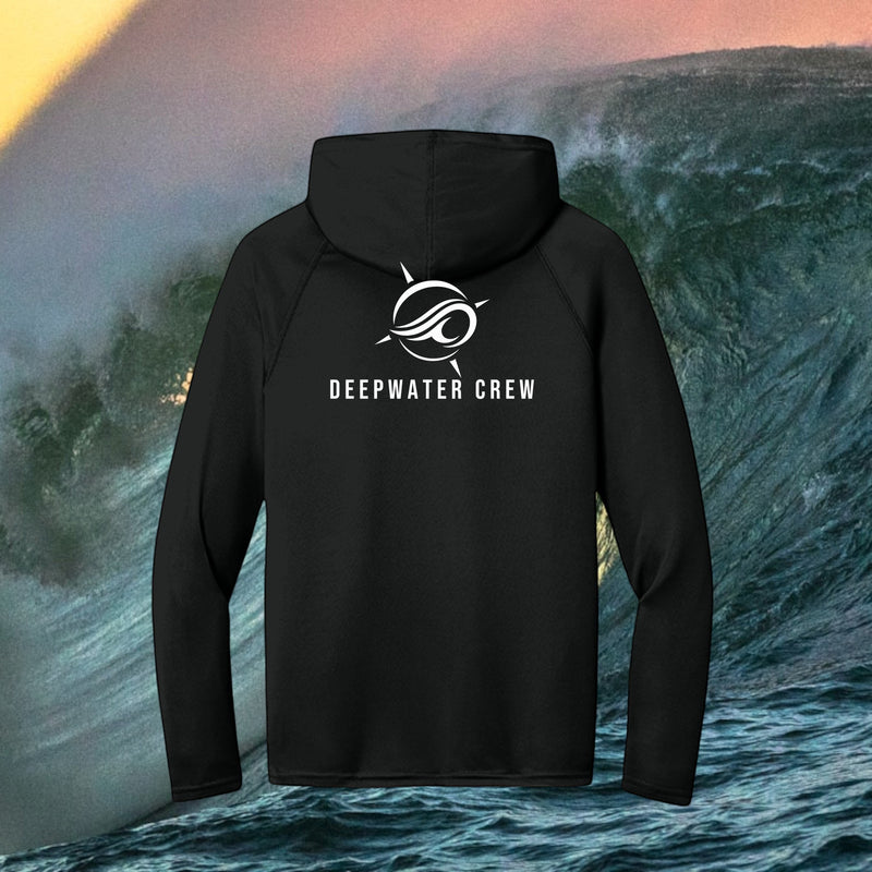 Lightweight black Deepwater Crew UPF 44+ performance hoodie with white wave-and-compass logo and Deepwater Crew back graphic.